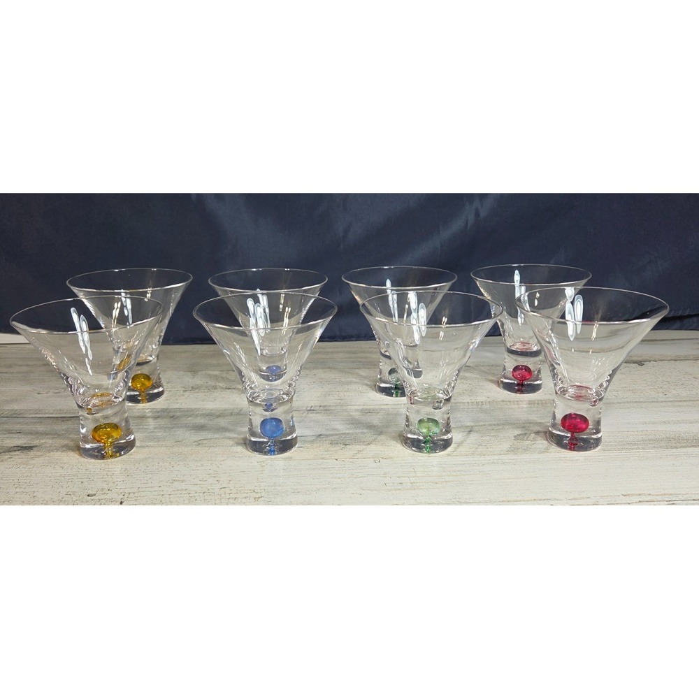 Vintage Handblown Stemless Martini Glasses Multi Color Bubble Ball Base Set of 8
